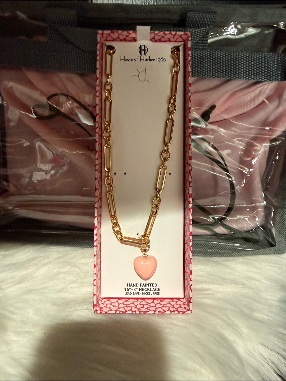 House of Harlow 1960 Gold Link Necklace with Pink Heart Charm